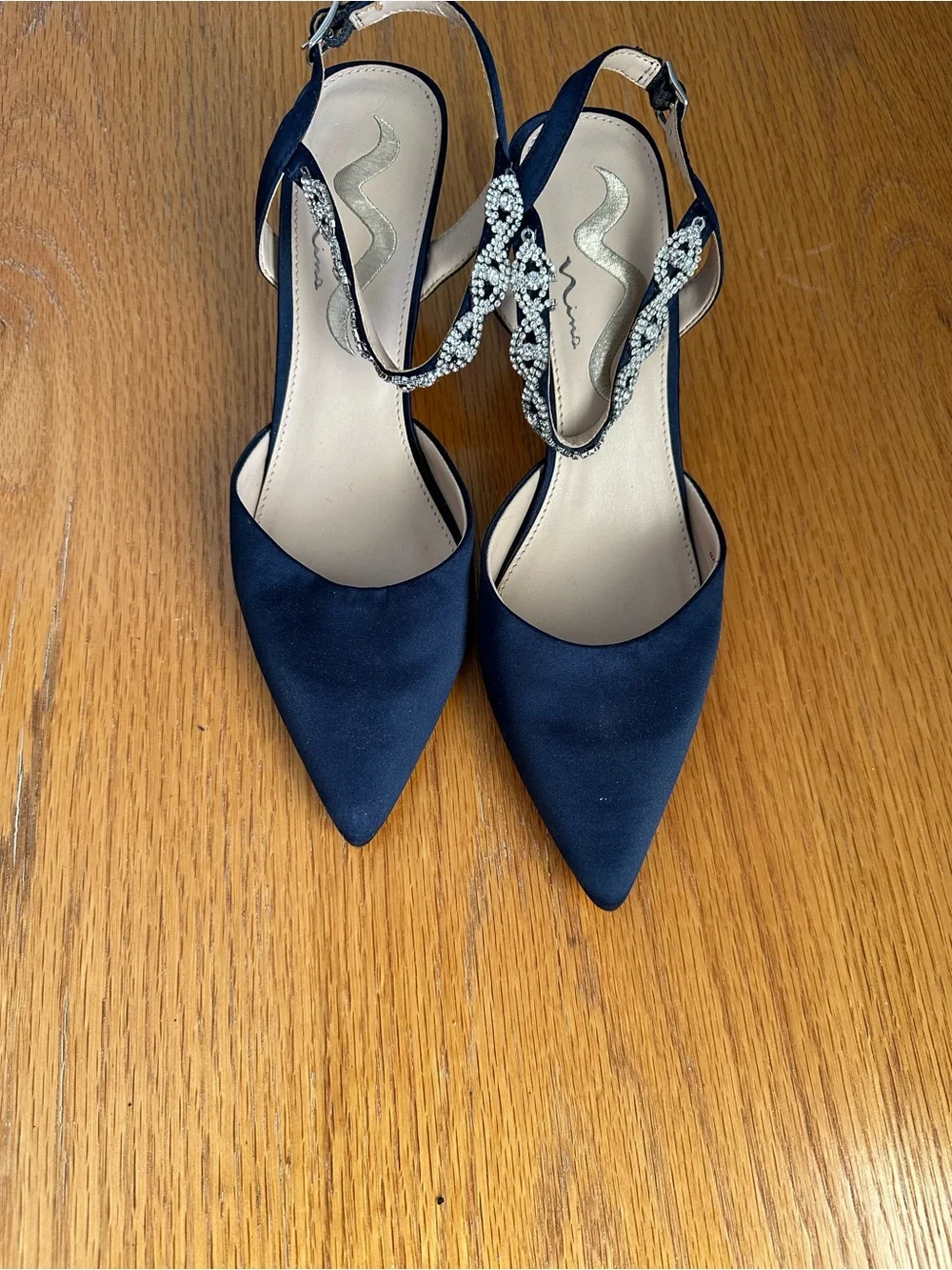 Nina Navy Pointed Toe Slingback Heels with Rhinestone T-Strap - Picture 1 of 5